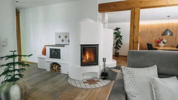 Smart TV, fireplace, books