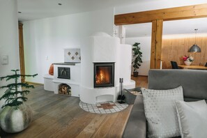 Smart TV, fireplace, books