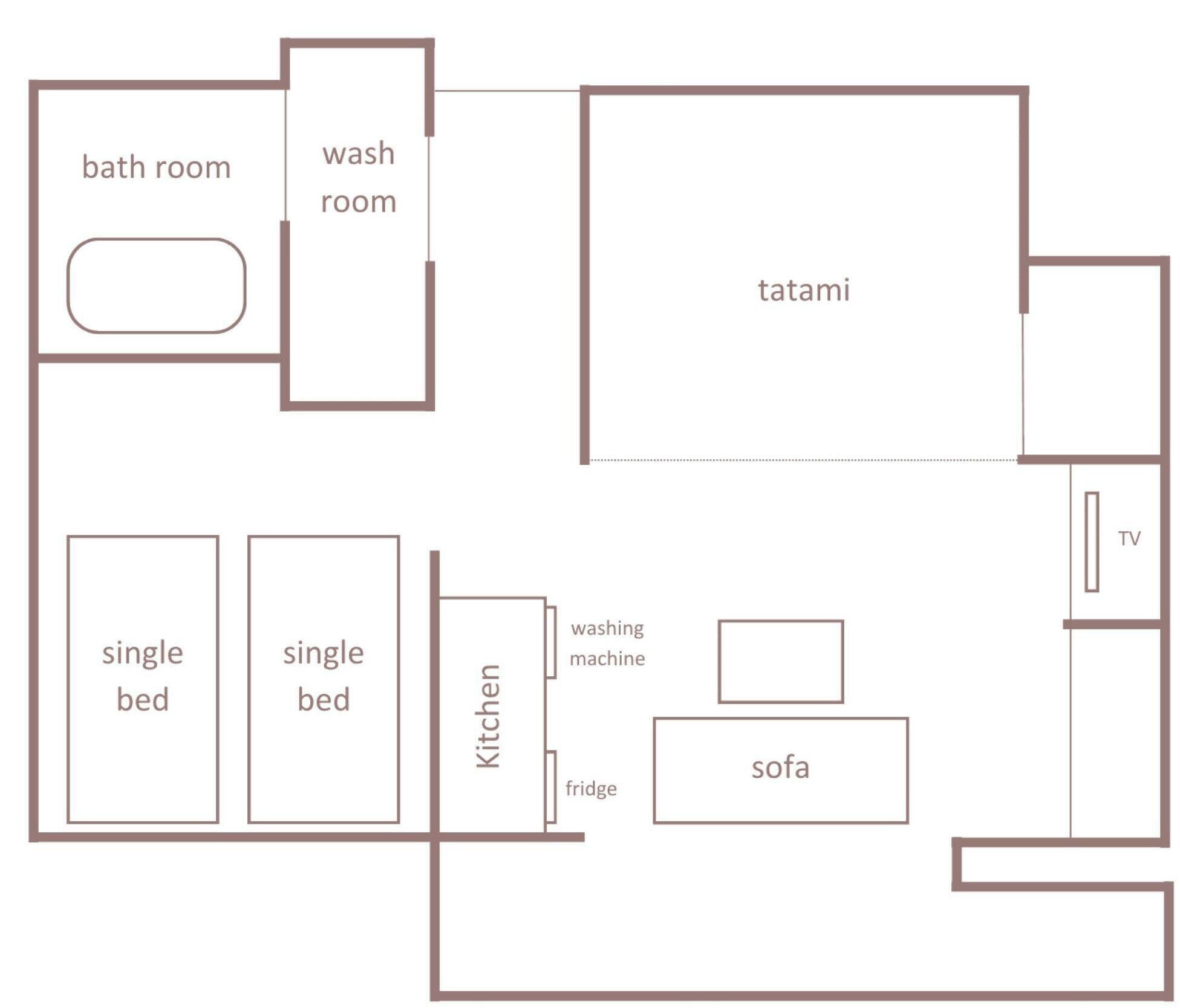 A floor plan with a tatami room, washroom, kitchen, sofa, TV, and two single beds.