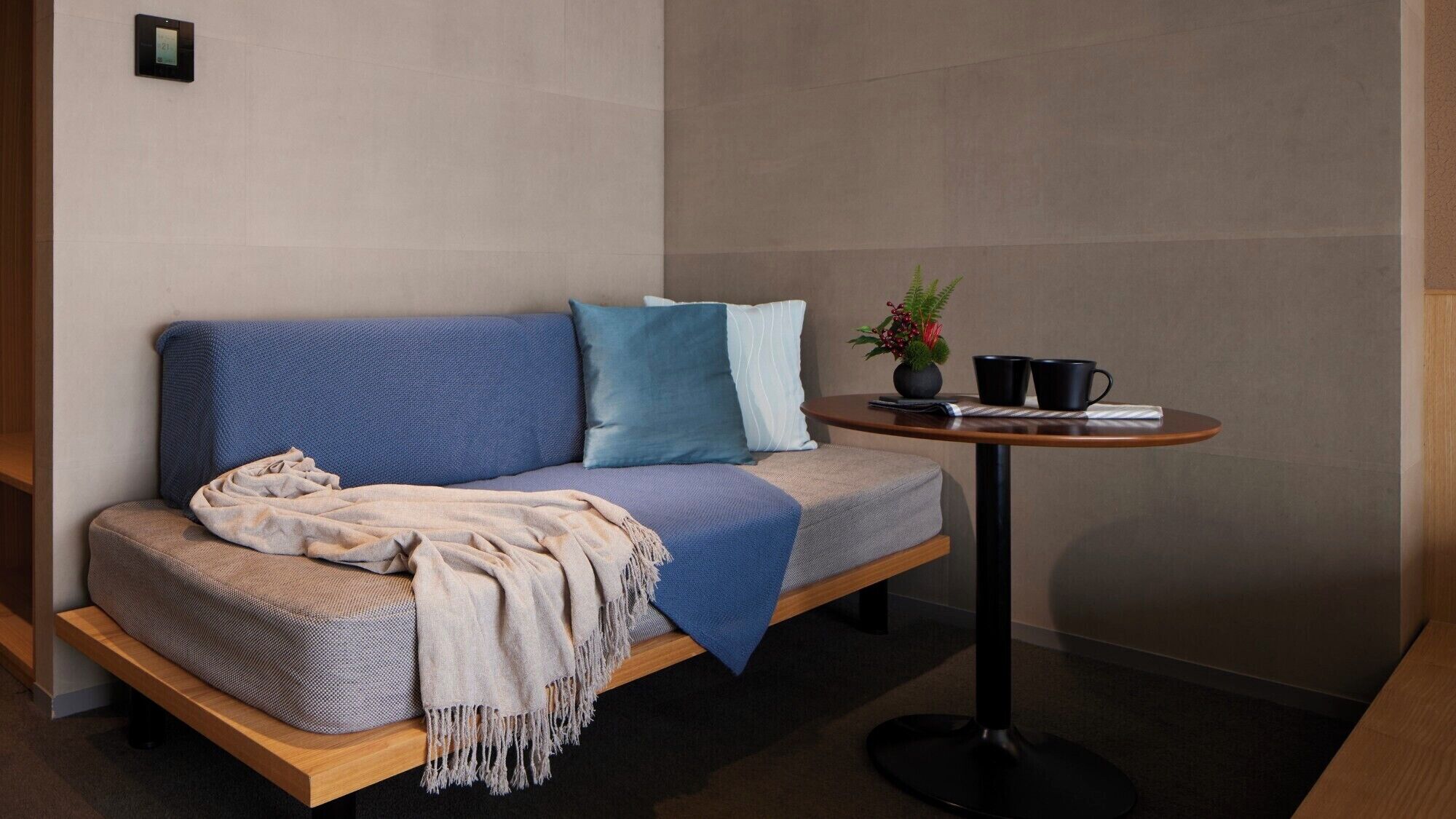 A modern room with a sofa, a small round table, and a potted plant.