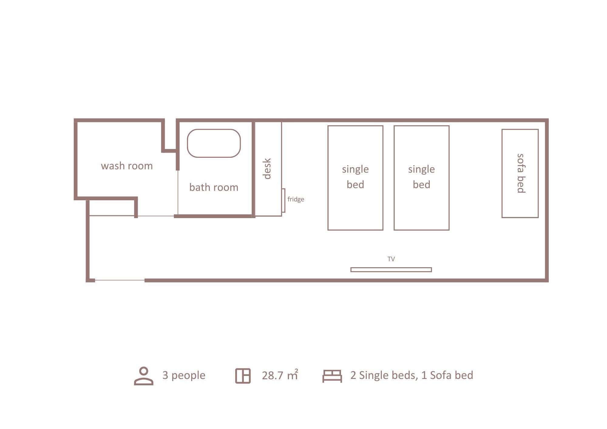 Planta baixa de um apartamento de 3 quartos, com lavabo, banheiro, escrivaninha, geladeira, TV e sofá-cama.