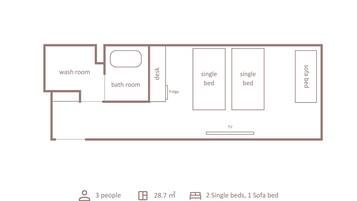 Planta baixa de um apartamento de 3 quartos, com lavabo, banheiro, escrivaninha, geladeira, TV e sofá-cama.