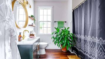 Eco-friendly toiletries, hair dryer, towels, soap