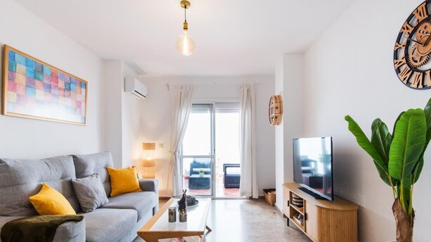 Un salon moderne avec un canapé gris, une table basse, un téléviseur et une grande plante.