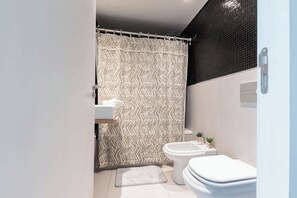 Shower, hair dryer, towels, shampoo