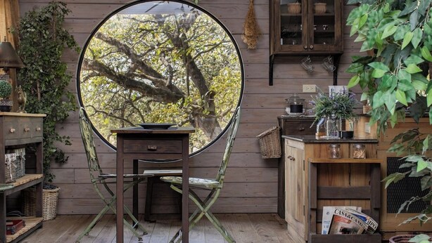 A rustic room with a circular mirror reflecting trees, wooden furniture, and shelves with plants and baskets.