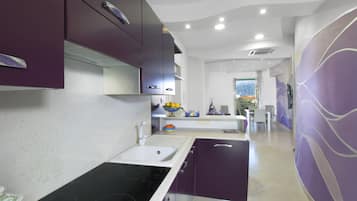 Großer Kühlschrank, Mikrowelle, Herdplatte