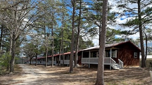 A row of cabins with a gravel path leading to them, surrounded by trees. - Mama Bear Cabin 2 - Community pool and hottub. (Branson)