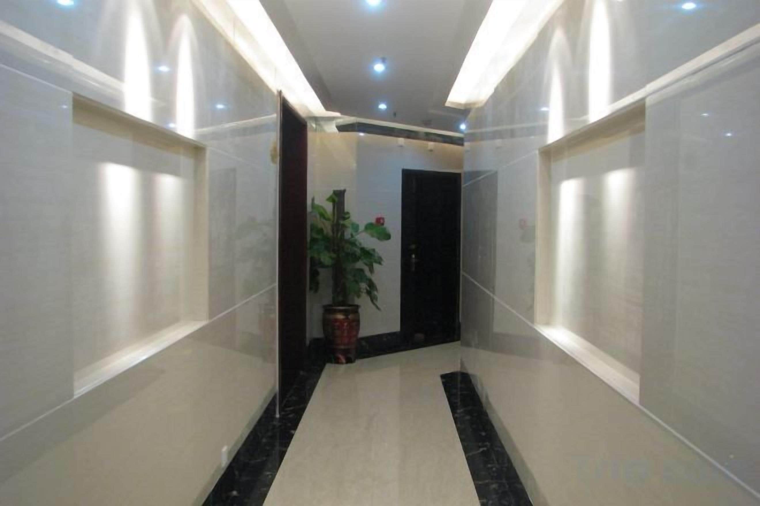 A hallway with a potted plant, a door, and a light fixture.