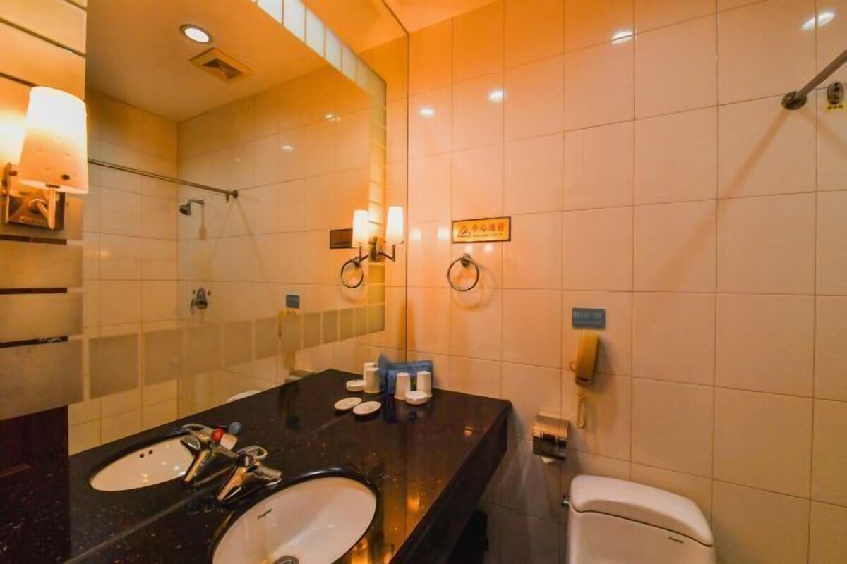 Une salle de bain d’hôtel avec un lavabo au comptoir noir, un miroir, un porte-serviettes et des toilettes.