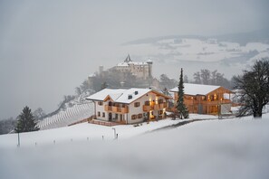 Un paisaje nevado con un castillo y una casa de madera con balcones.