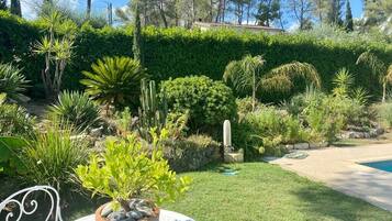 Un jardin bien entretenu, agrémenté de diverses plantes, d’un banc en pierre et offrant une vue dégagée sur une piscine.