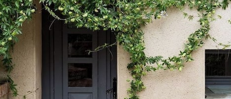 A house with a dark door, a small window, and a brick pathway leading to the entrance.