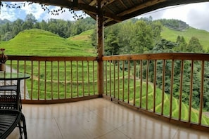 A balcony with a view of terraced fields and a wooden railing. - Longji Terrace Chunyuge Inn (Longsheng)