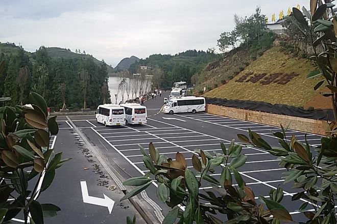 A parking lot with multiple white buses parked in designated spaces.