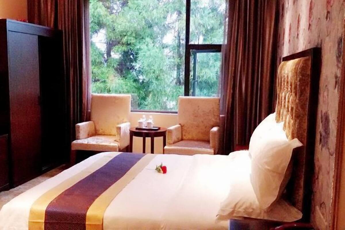 Quarto de hotel com uma cama, duas poltronas, uma mesinha e vista para árvores pela janela.