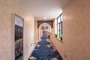 A corridor with a patterned carpet, a framed picture on the left, and potted plants on the right. - Konghe Yizhan Culture Hotel (Turpan)
