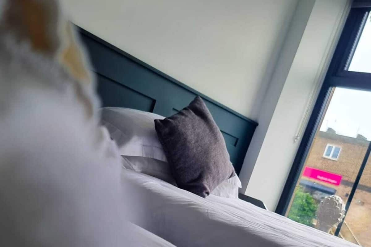 A bed with white linens and a grey pillow in a room with a teal headboard.