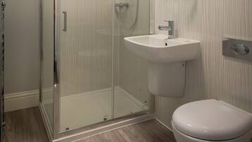 A bathroom with a glass-enclosed shower, a white sink, and a toilet.