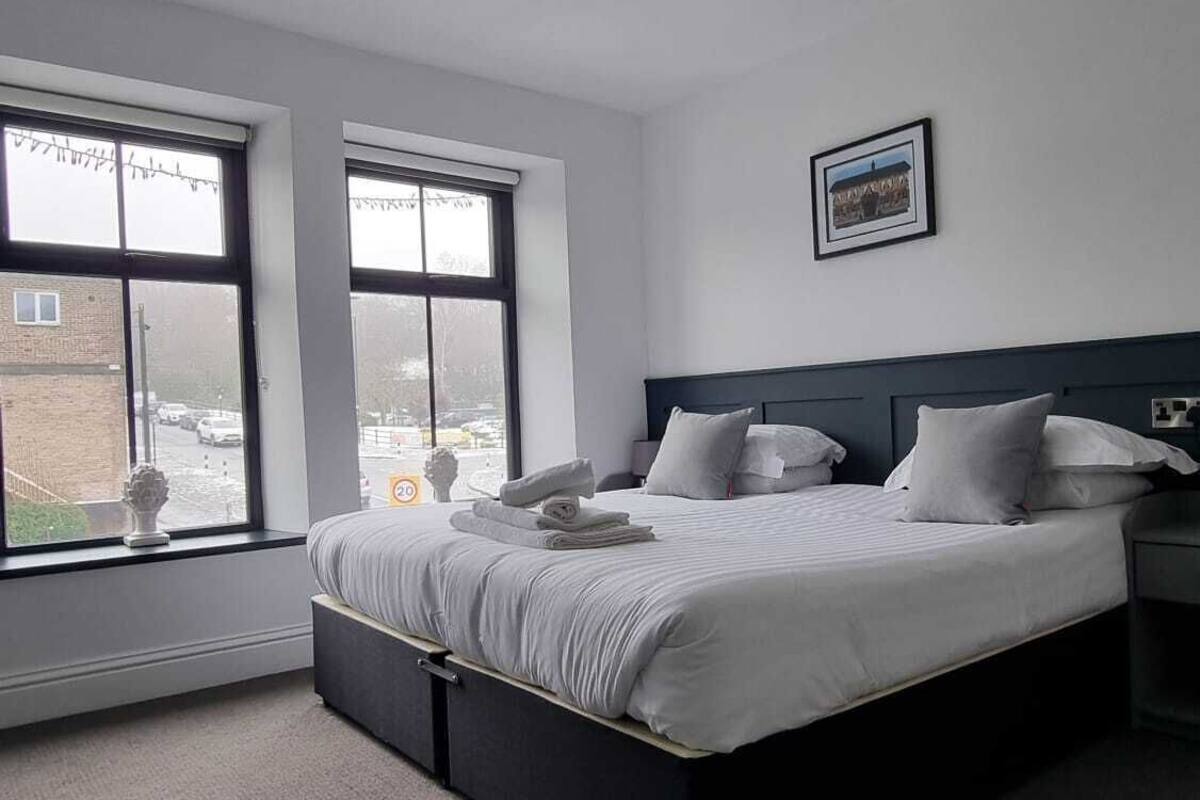 A hotel room with a large bed, two windows, a ceiling light, and a framed picture on the wall.