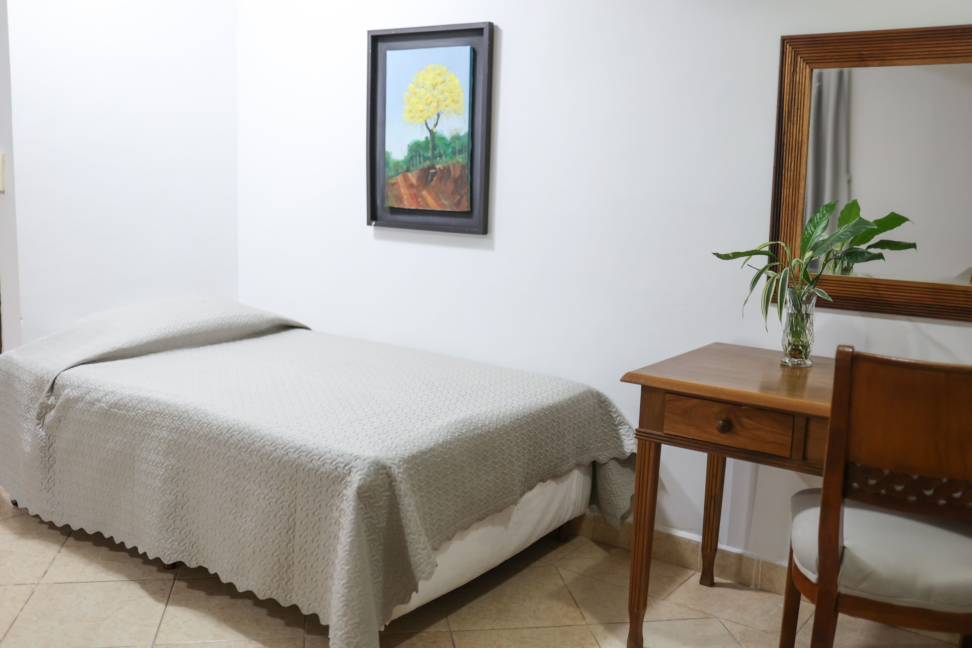 Un dormitorio con cama, una mesita de noche con una planta, un espejo y un cuadro en la pared.