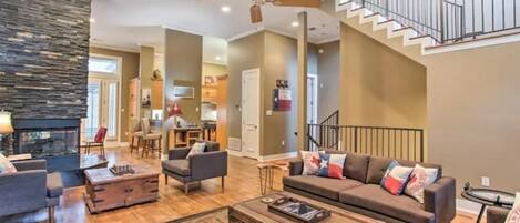 Smart TV, fireplace, books