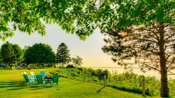 A grassy area with green chairs and a table, a tree, and a view of the water.