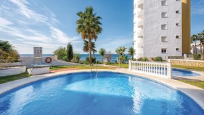 A swimming pool with a white building in the background, palm trees, and a clear sky.