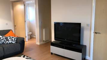 A modern living room with a flat-screen TV on a black stand, a grey sofa with an orange pillow, and a patterned rug.