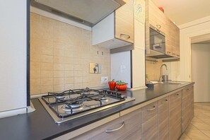 Basic apartman, 1 kétszemélyes ágy és egy kinyitható kanapé | Privát konyha | Hűtőszekrény, sütő, főzőlap és elektromos vízforraló