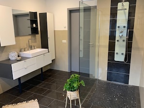 Hair dryer, towels, soap, toilet paper