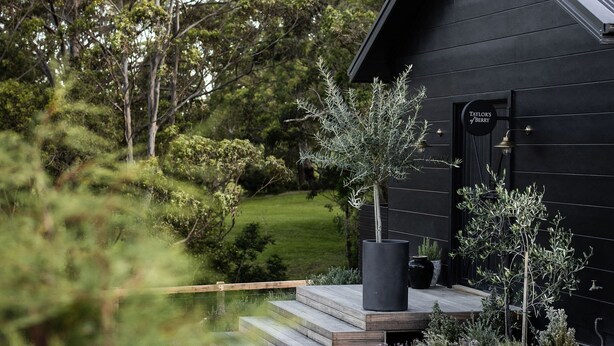 Un bâtiment moderne de couleur noire, doté d’une terrasse en bois et agrémenté de plantes en pot.