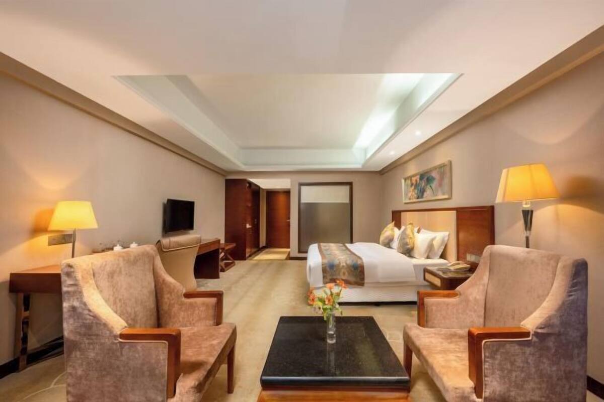 Una habitación de hotel con una cama, dos sillones, una mesa de centro, un escritorio, un televisor y un cuadro en la pared.