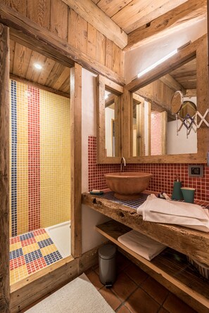 Regadera, secadora de cabello, papel de baño 