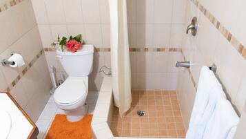 Comfort Apartment, Ocean View | Bathroom | Shower, hair dryer, slippers, towels