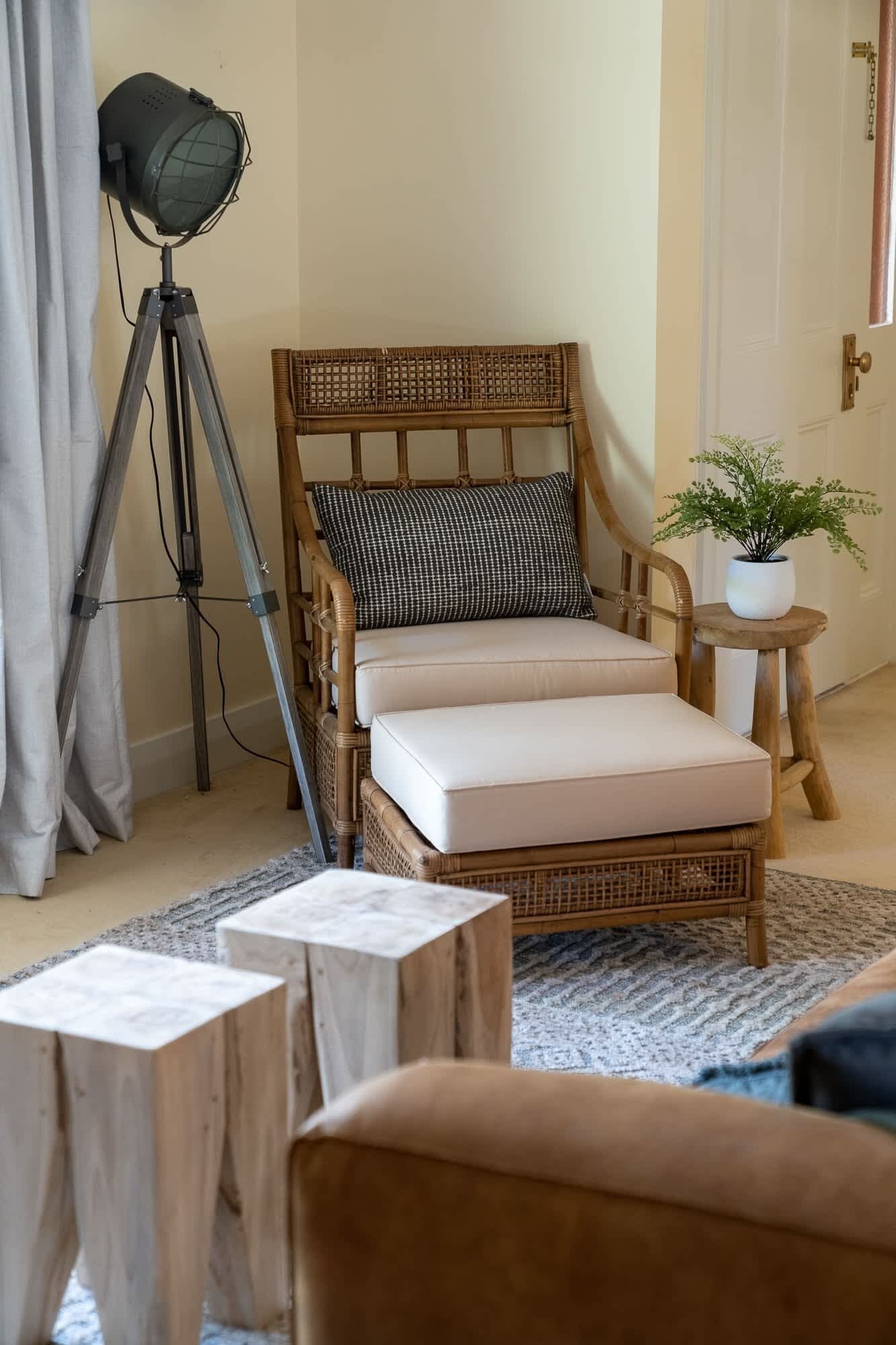 Une chaise en osier avec un coussin, un lampadaire sur trépied et une plante en pot, dans une pièce dotée d’un plancher en bois et d’une porte.