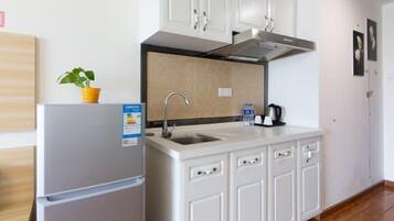 A compact kitchen with a built-in refrigerator, a sink, and a stove.