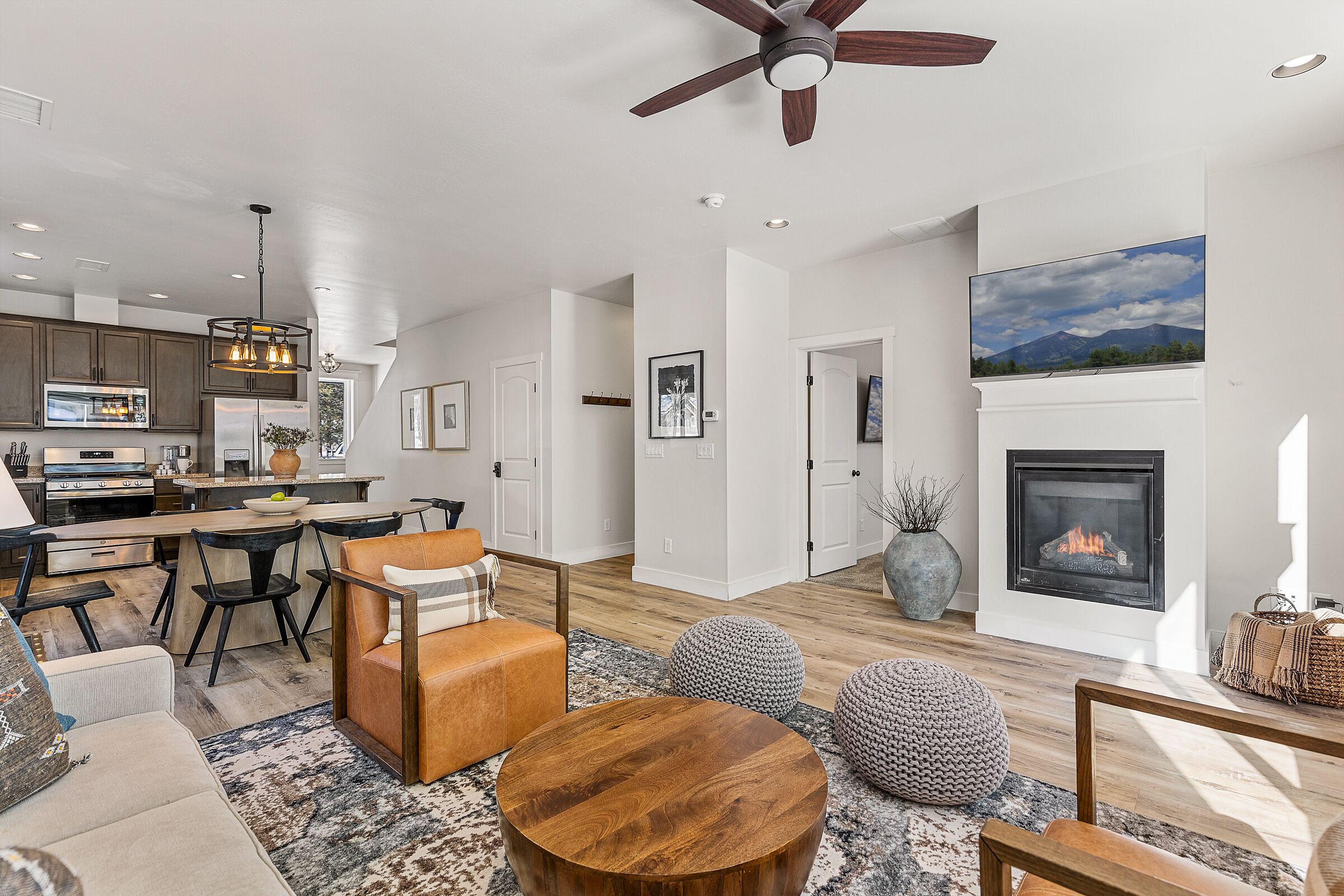 TV connectée, cheminée, livres, espaces bureaux