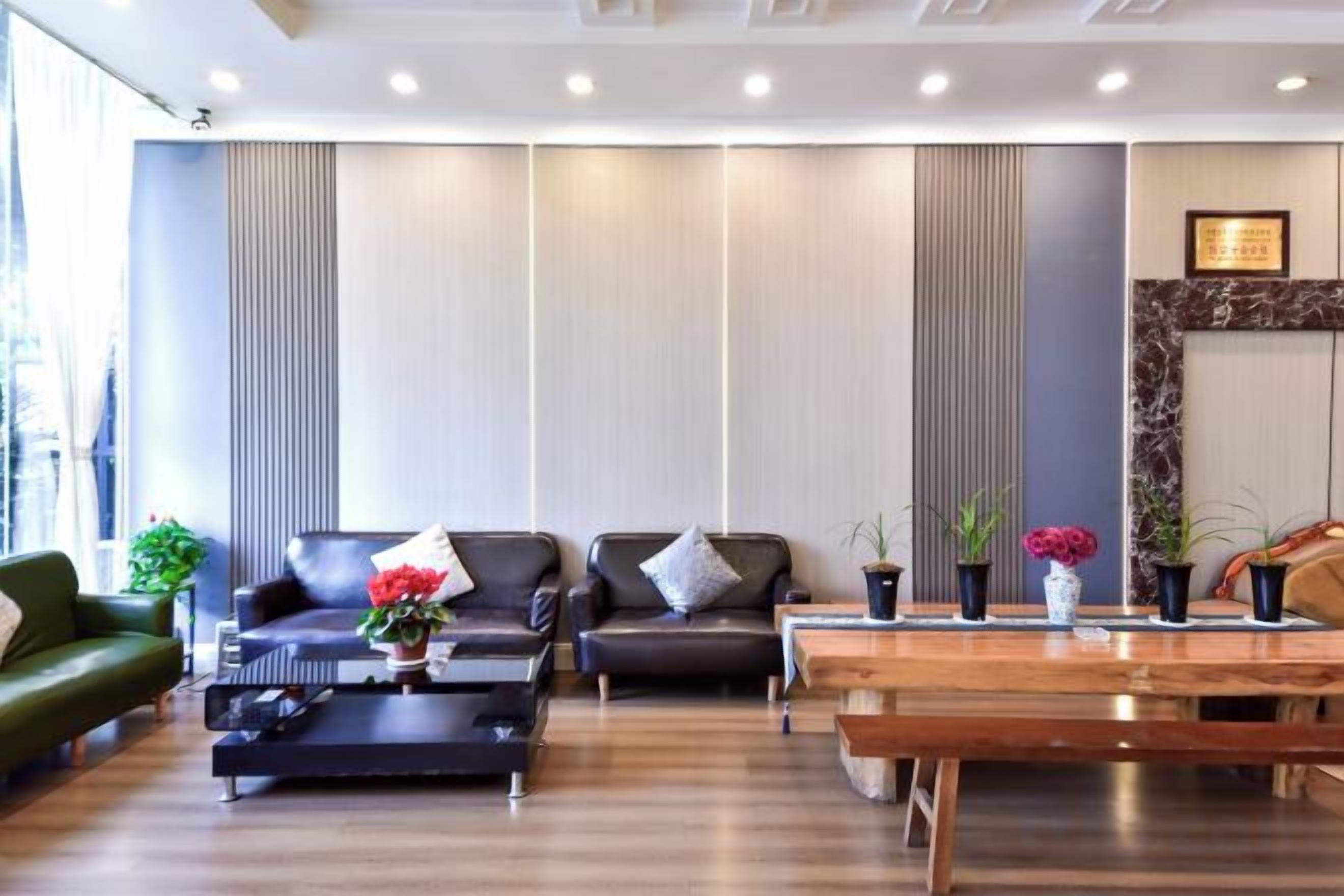 Una sala de estar moderna con un conjunto de sofá, una mesa de centro y una mesa de comedor con plantas en macetas.