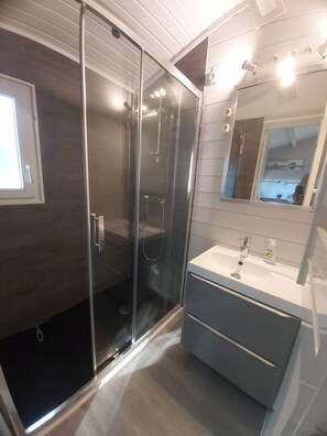 Dusche, Haartrockner, Seife, Toilettenpapier