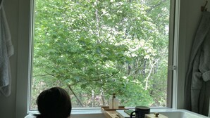 A bathtub with a wooden tray holding a mug and a container, a window with a view of green trees, and a towel hanging on the wall. - Creek Treehouse Atrium Hot Tub Buffalo (St Joe)