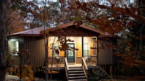 A cabin with a front porch, a staircase, and a door. - Creek Treehouse Atrium Hot Tub Buffalo (St Joe)