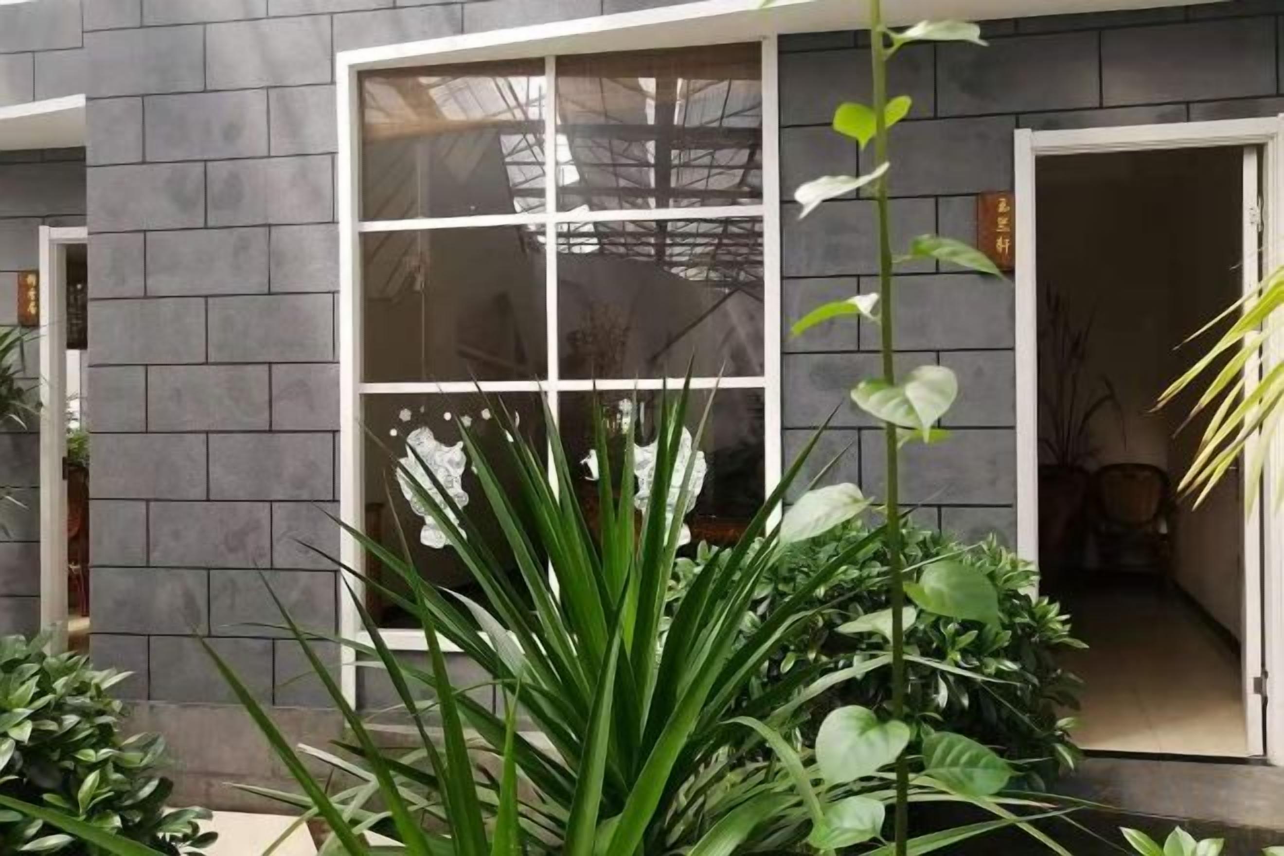 Un edificio moderno con un gran ventanal y una puerta, rodeado de diversas plantas.
