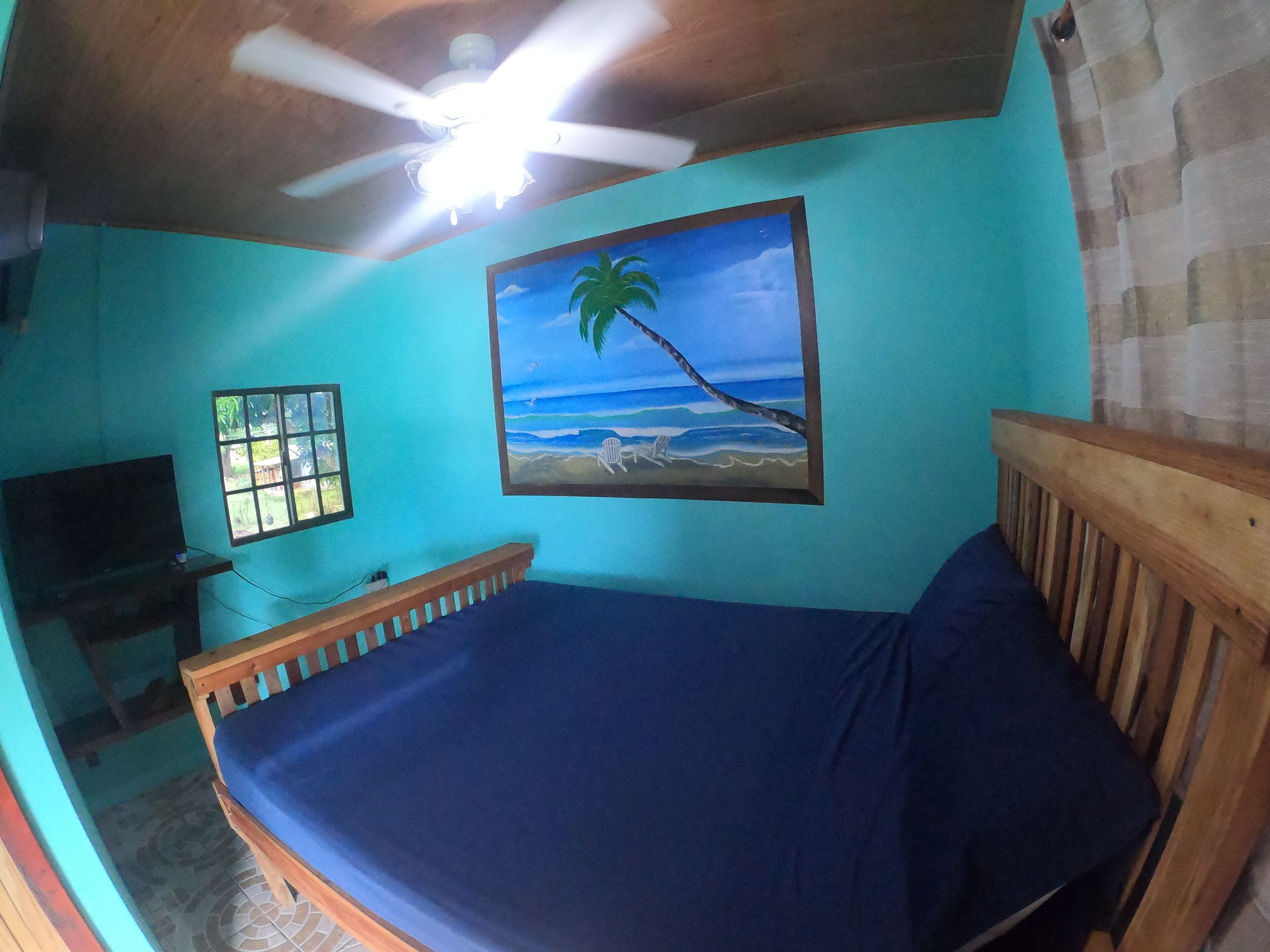Una camera da letto con un letto, una ventola a soffitto, un quadro raffigurante una spiaggia, una finestra e una televisione.