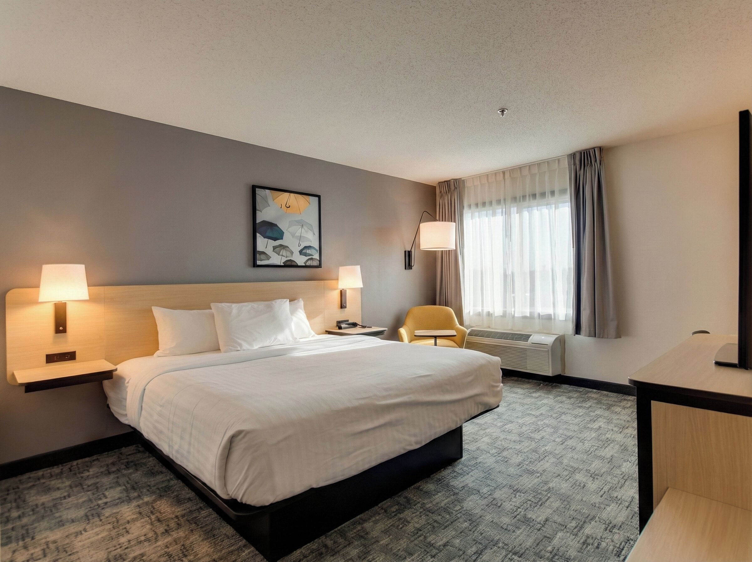 Desk, laptop workspace, blackout drapes, soundproofing