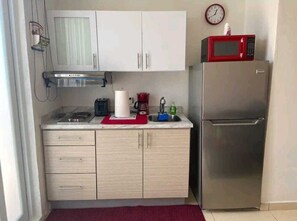 Fridge, microwave, stovetop, coffee/tea maker