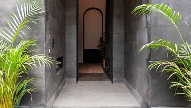 A stone entrance with a wooden door, flanked by potted plants. - Newly-Renovated Studio in a 1920's Modern House (Ciudad de México)