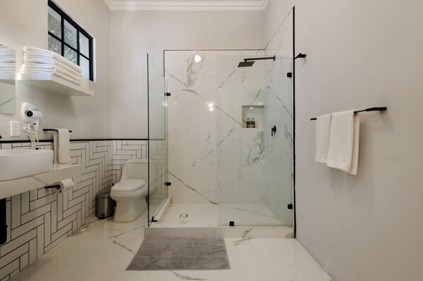 Une salle de bain moderne avec une douche à parois de verre, un lavabo blanc et des toilettes.