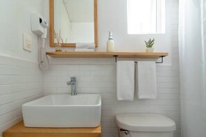 Ein Badezimmer mit weißem Waschbecken, Toilette, Spiegel und Ablagefläche mit Flasche und Pflanze.