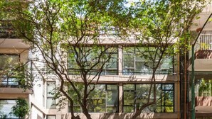 A modern building with a tree in front, a bicycle parked outside, and a storefront with a sign. - Modern, Industrial Apartment with Bamboo Garden and Rooftop Terrace (Ciudad de México)